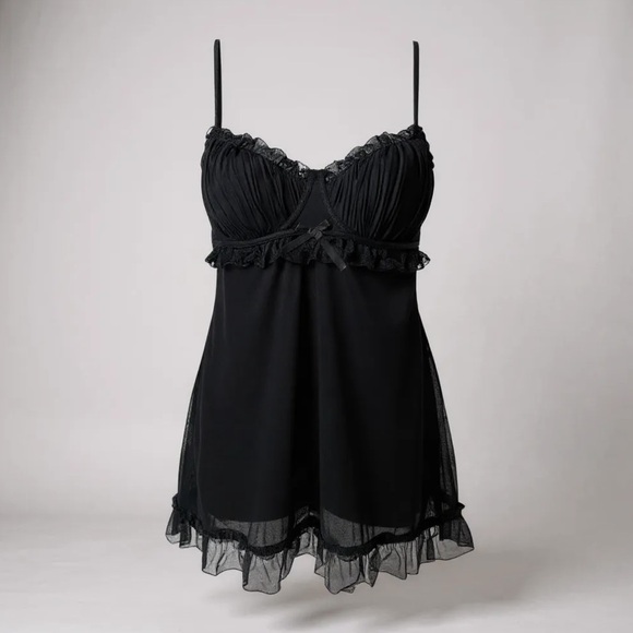 SOPHIE B. Size L Black Chiffon Lace Chemise Nightie Slip Ruffles Bow R $45 - Picture 1 of 11
